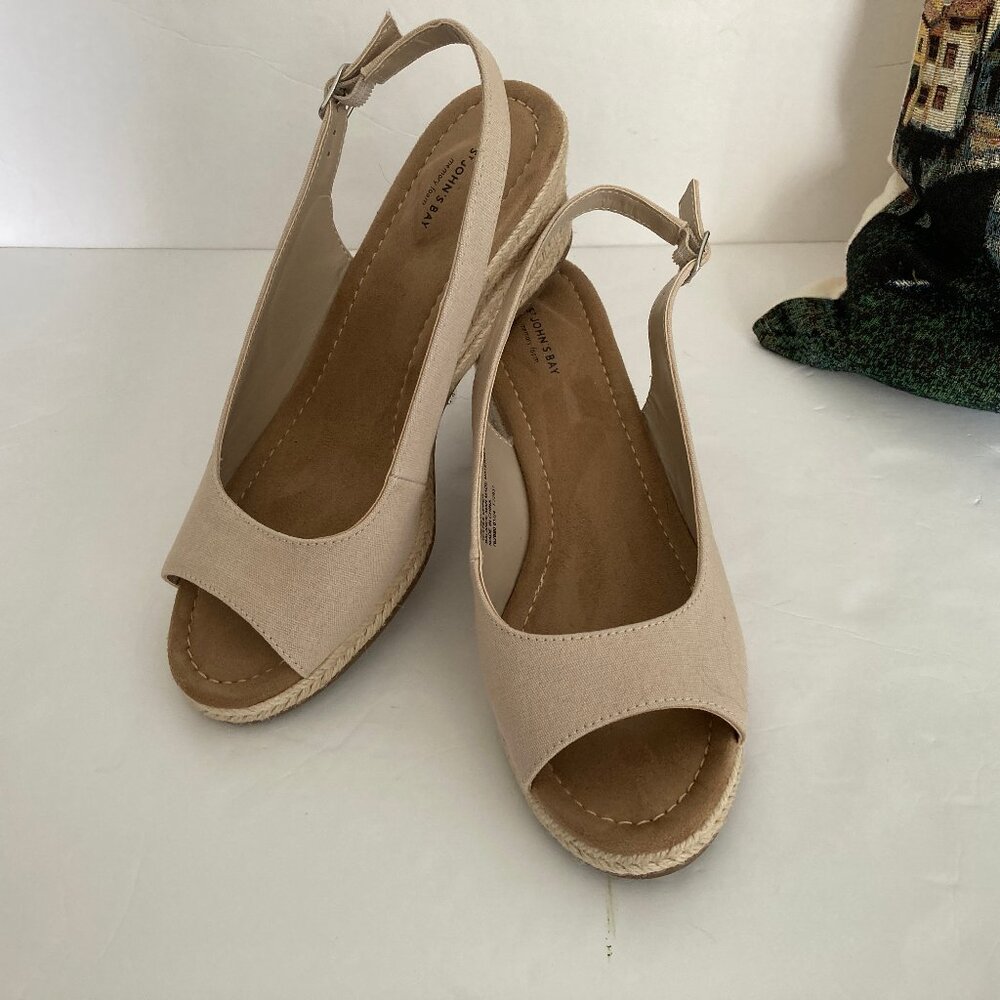 St. John's Bay Cream Textile Upper Espadrille "Laila" Wedge Open Toe Sling 9.5